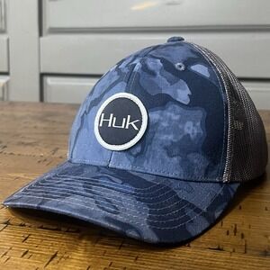 HUK Fishing Trucker Hat Adjustable Snapback Mesh Blue Gray Angler Fisherman Cap